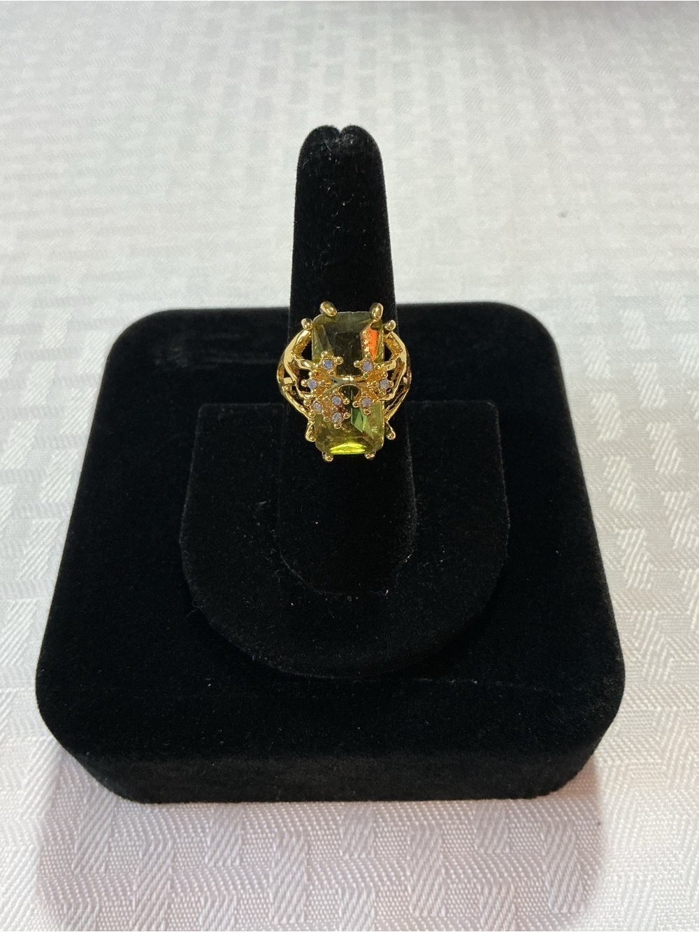 Olive Green Emerald Cut Gold Tone Statement Ring